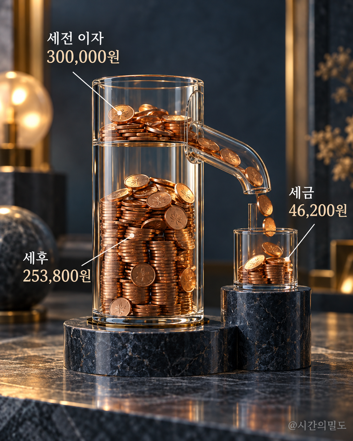 세전 이자 30만원에서 세금 4만6200원을 나누고 세후 이자 25만3800원이 남는 개념 삽화