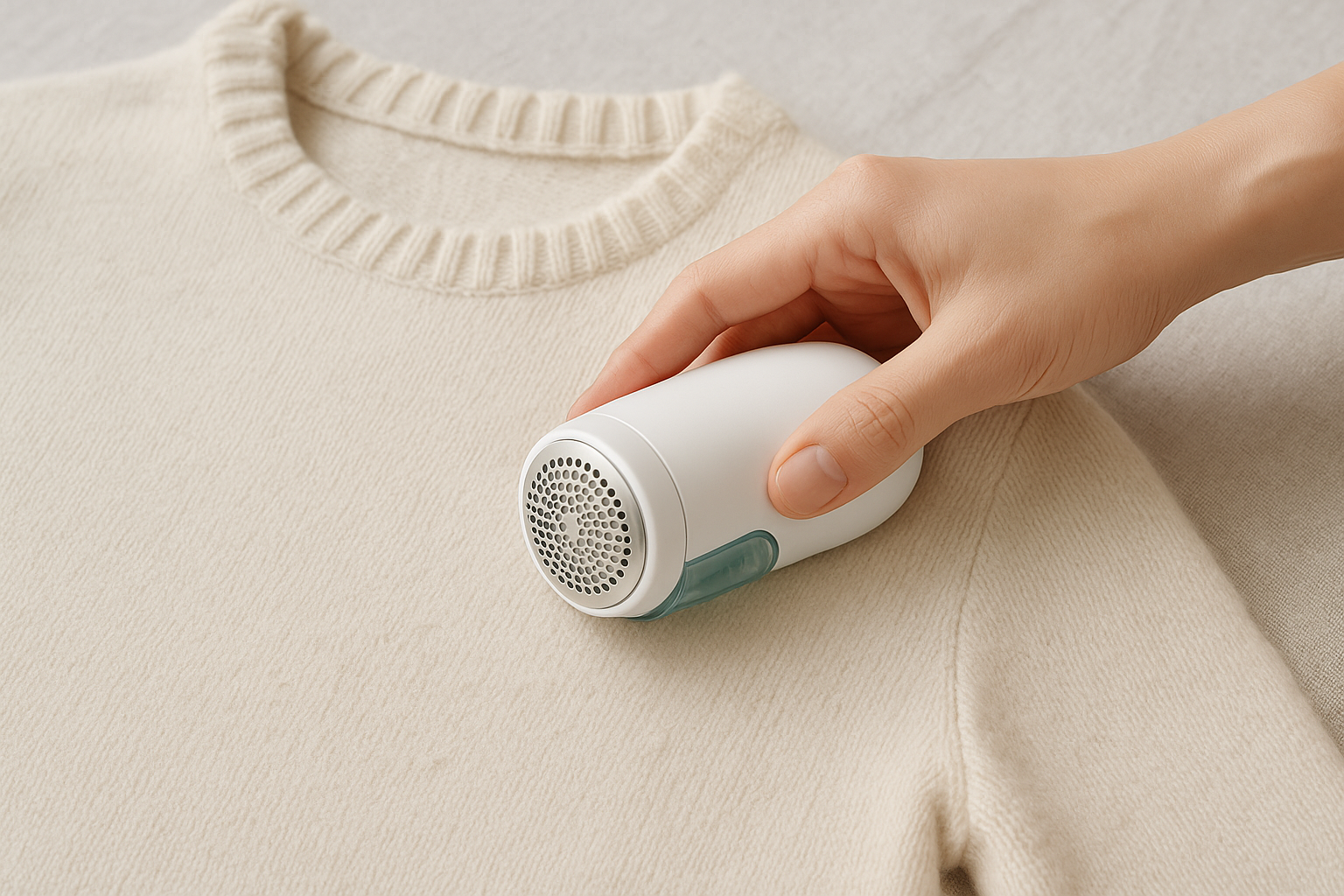 니트 표면의 보풀을 전용 디필러로 부드럽게 제거하는 손