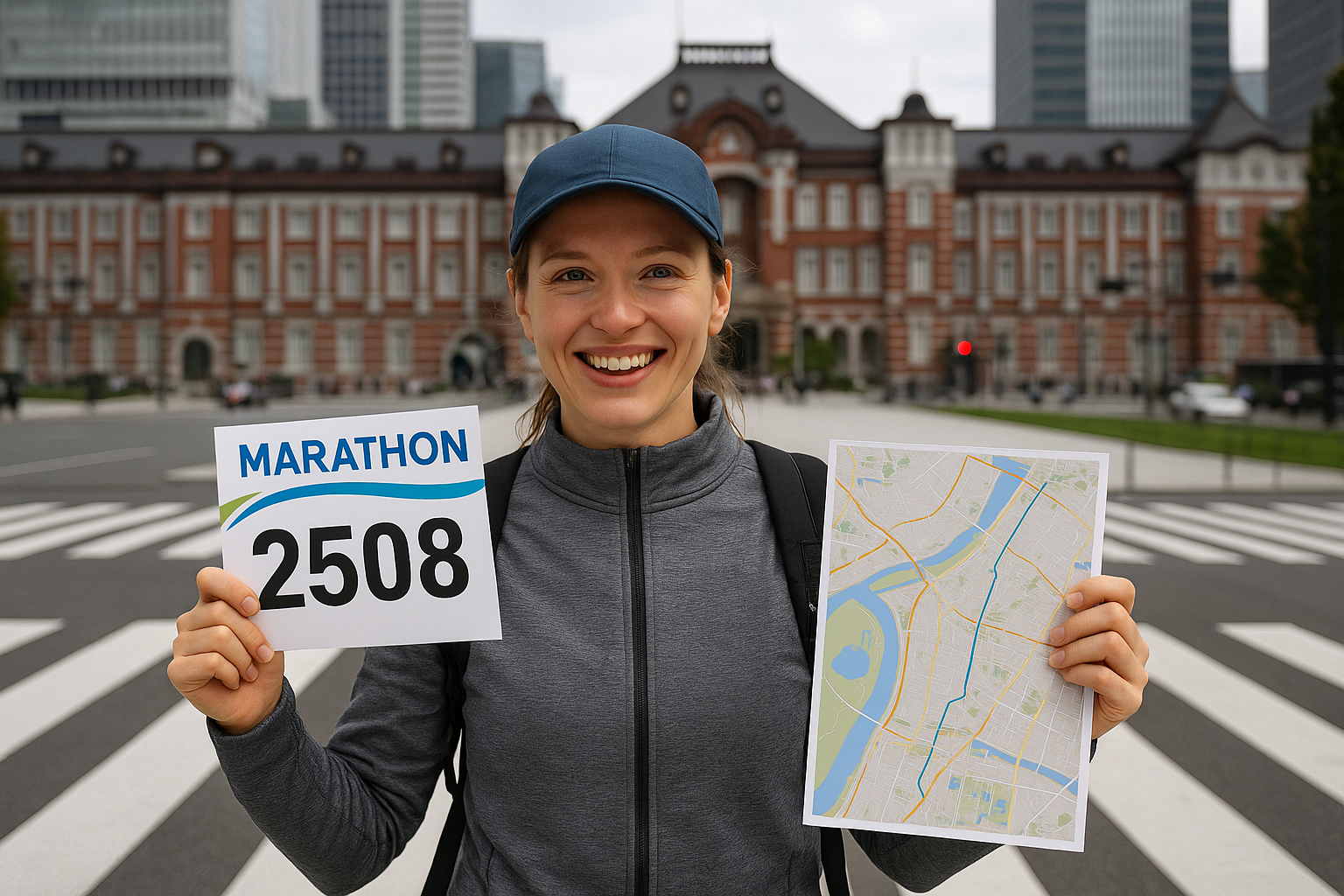 쿄역 앞 횡단보도에서 마라톤 참가 번호표와 코스 지도를 들고 환하게 웃고 있는 외국인 여성. 회색 운동복과 파란 모자를 착용했으며, 해외 마라톤의 설렘과 준비 과정을 보여주는 장면.