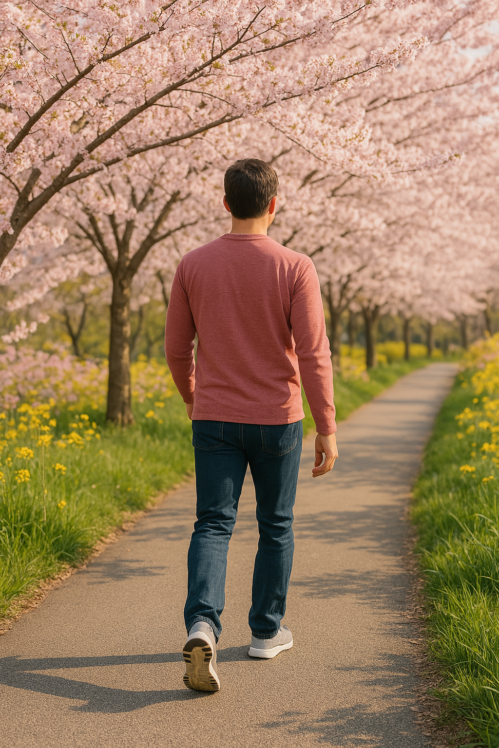 벚꽃 만개한 산책로를 걷는 사람의 모습
