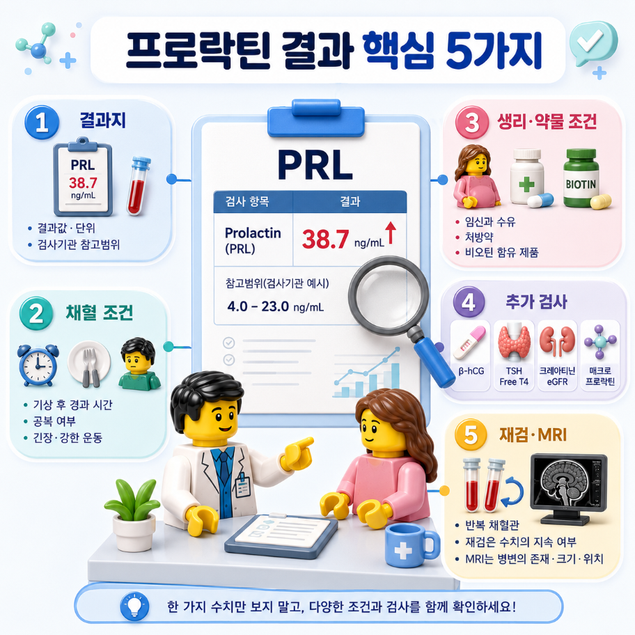 프로락틴 결과 확인 핵심 5가지를 요약한 레고풍 의료 인포그래픽