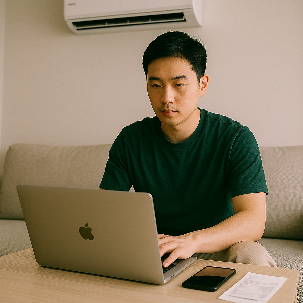 에어컨 아래 소파에 앉아 노트북으로 고효율 가전제품 환급 신청을 하고 있는 남성. 테이블 위에는 스마트폰과 구매 영수증이 놓여 있음
