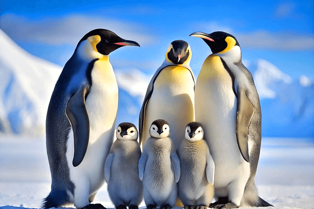 하얀 얼음이 가득한 빙판에 어른 펭귄 3마리와 아기 펭귄 3마리가 나란히 모여있다. 어른 펭귄들이 수다를 떨고 있다.