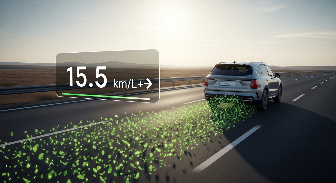 2026 쏘렌토 하이브리드가 도로를 주행하며 높은 연비(15.5km/L 이상)를 달성하는 모습을 시각적으로 표현한 이미지로, 친환경적이고 효율적인 하이브리드 기술을 상징합니다.