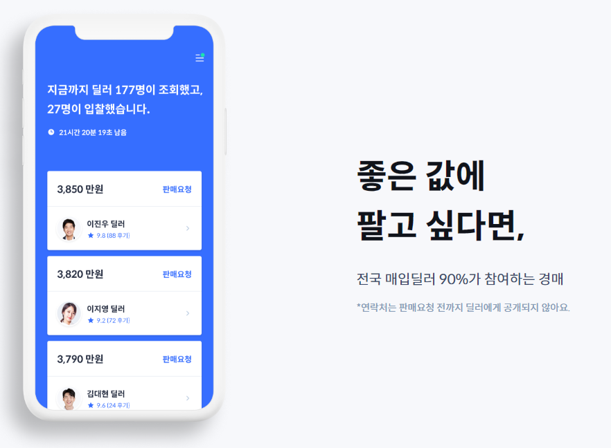 헤이딜러 어플에 등록된 딜러들이 내 차에 관심을 보이고 입찰에 참여합니다