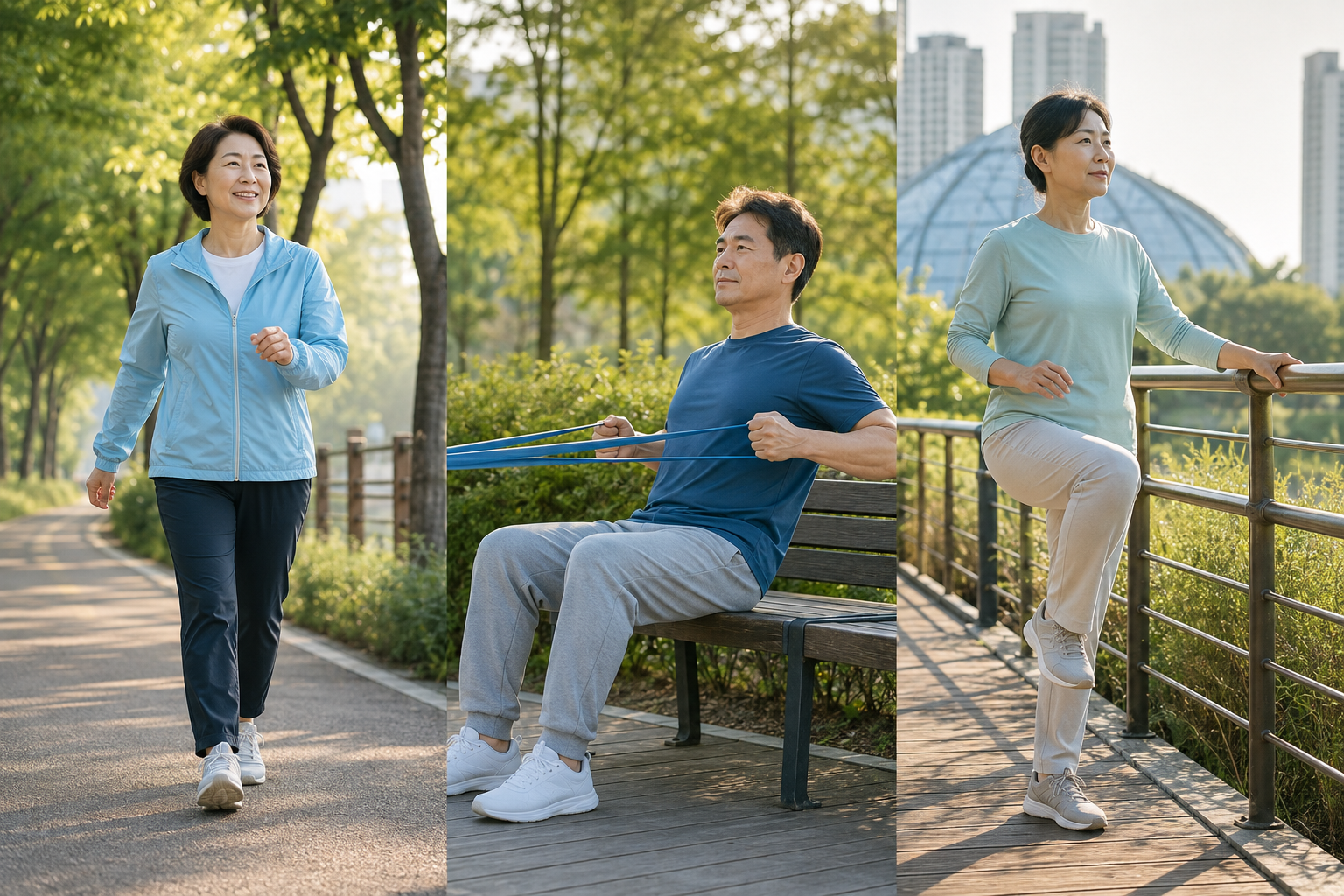 공원에서 걷기와 밴드 운동, 난간을 잡은 균형운동을 하는 성인 세 명