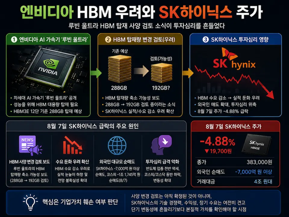 엔비디아 루빈 울트라 HBM 사양 검토가 SK하이닉스 투자심리에 미친 영향을 설명한 이미지