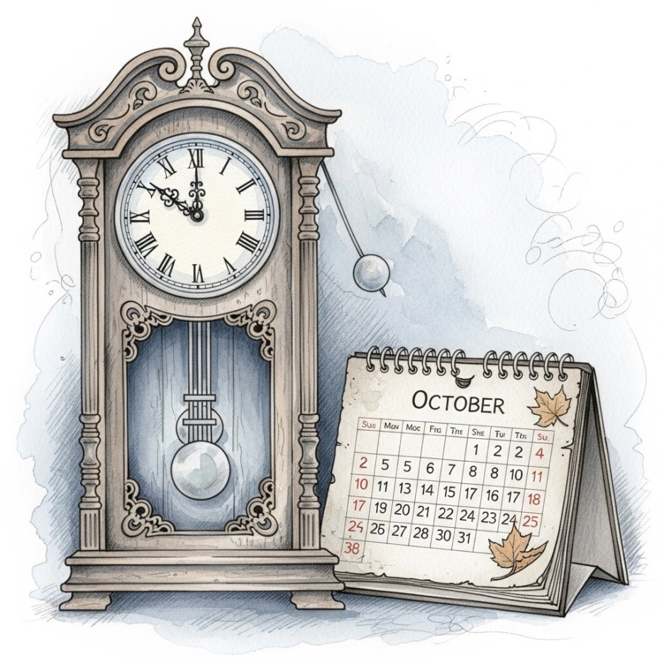 시간의 흐름을 상징하는 시계와 달력의 은은한 일러스트
