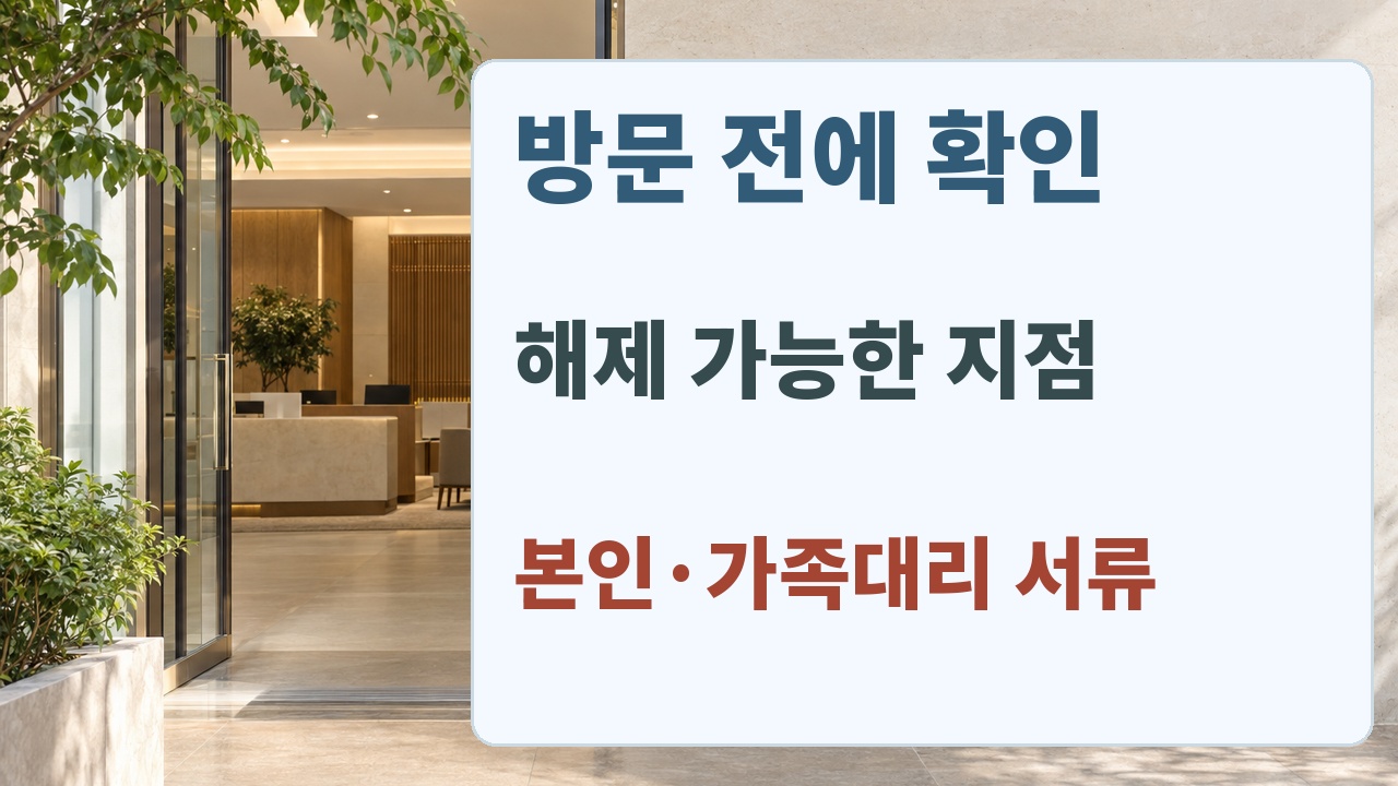 지점 업무 가능 여부, 본인 또는 가족대리 서류, 개설 후 재신청을 확인하는 방문 준비 안내