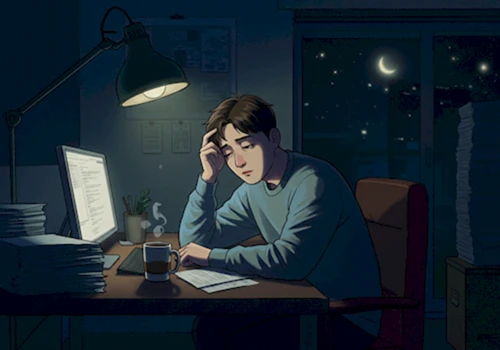 늦은 밤까지 일하며 피로와 스트레스에 지친 모습 - 눈 밑 떨림의 주요 원인.