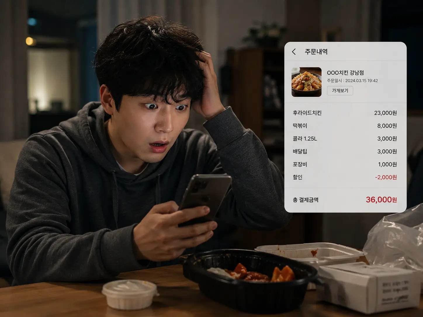 배달 앱 결제 금액을 보고 놀라는 사람