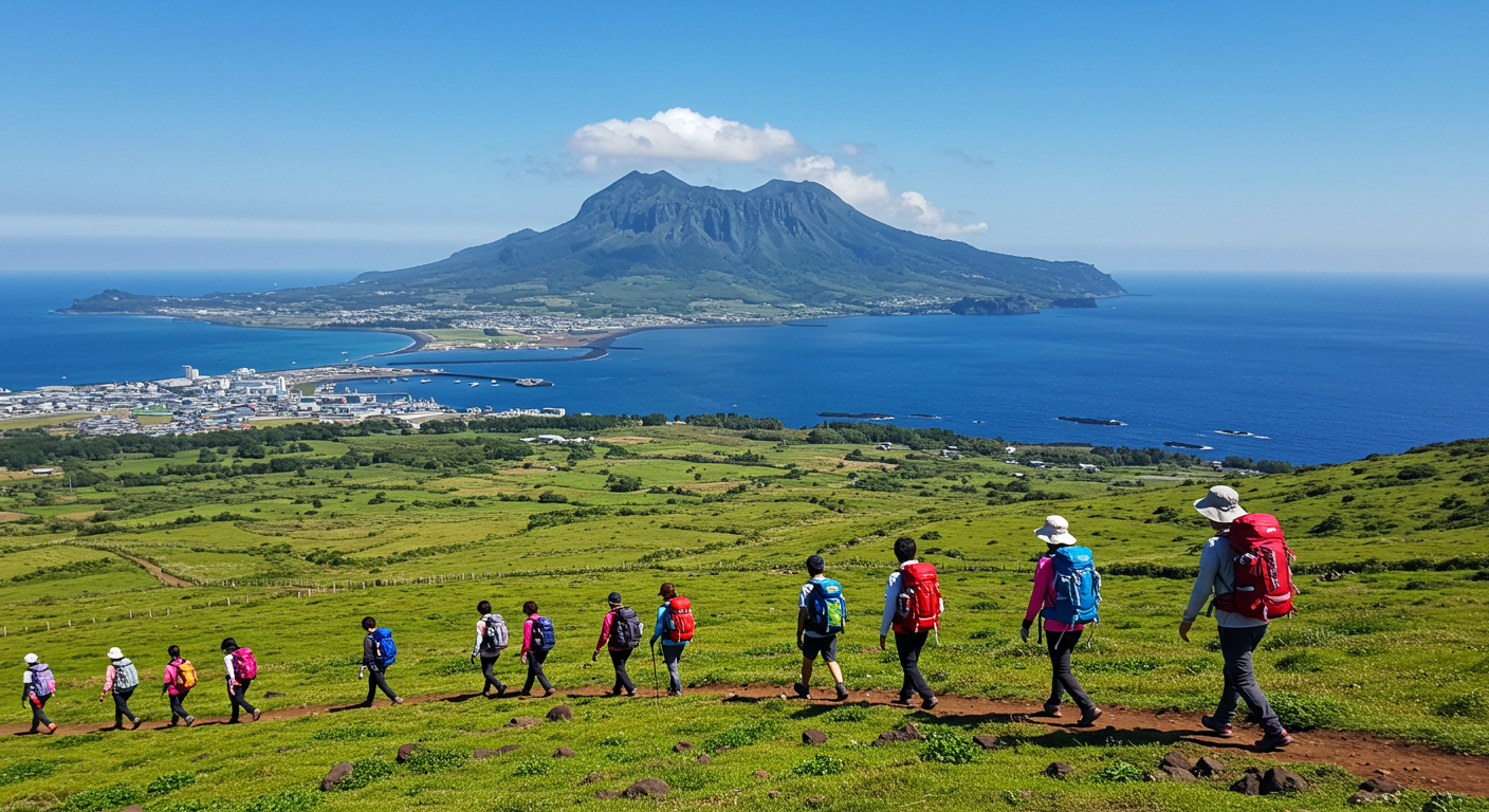 제주 오름길을 오르는 한국인의 모습과 함께 펼쳐지는 바다, 들판, 한라산의 파노라마 풍경.