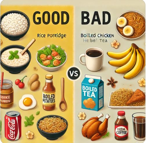 장염에 좋은 음식과 좋지 않은 음식을 비교한 사진