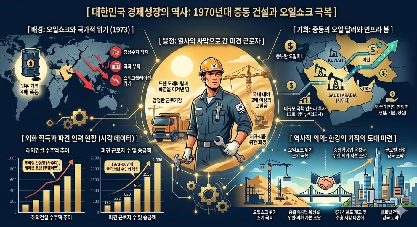 파일명: 1970s_korea_middle_east_construction_desert_workers_dollar.jpg Alt 태그: 1970년대 한국 중동 건설 사막 근로자 오일쇼크 달러 외화 획득 경제성장 역사