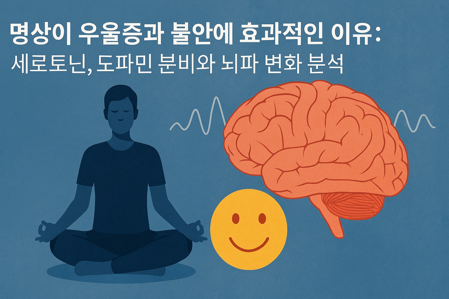 이 이미지는 명상하는 사람과 뇌, 그리고 웃는 얼굴 아이콘을 배치해 명상이 정신 건강에 미치는 긍정적인 효과를 시각적으로 표현하고 있다. 세로토닌과 도파민 분비, 뇌파 변화 등 명상이 뇌 기능과 감정 안정에 영향을 준다는 주제를 간결하게 전달한다.