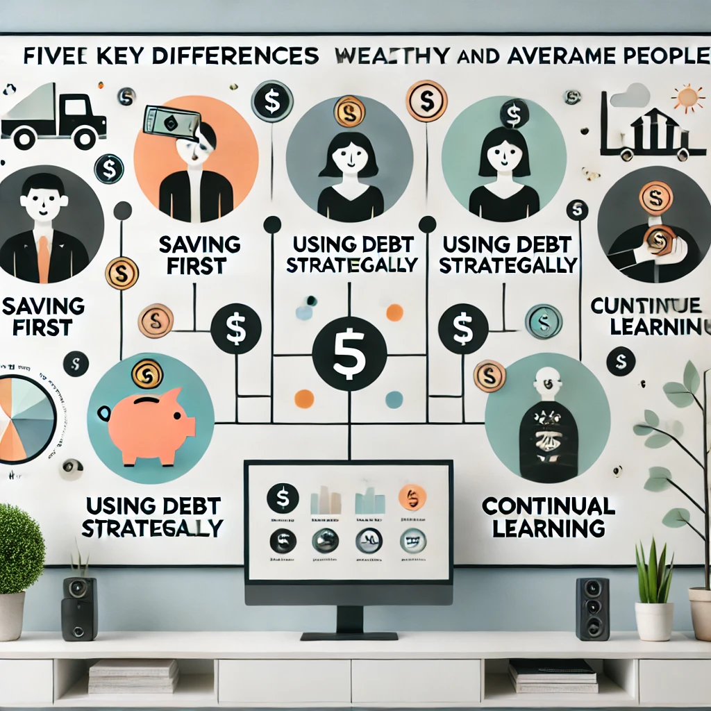 "미니멀한 디자인의 인포그래픽으로 부자와 일반인의 돈 관리 습관 5가지 차이를 비교. 주요 개념(먼저 저축하기, 현명한 투자, 전략적 부채 활용, 지속적인 학습, 감정적인 소비 통제)을 아이콘과 시각적인 요소로 표현한 이미지."