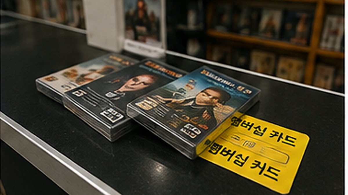 비디오 대여점 계산대 위에 놓인 여러 비디오테이프를 비교하며 최종 작품을 고르는 모습