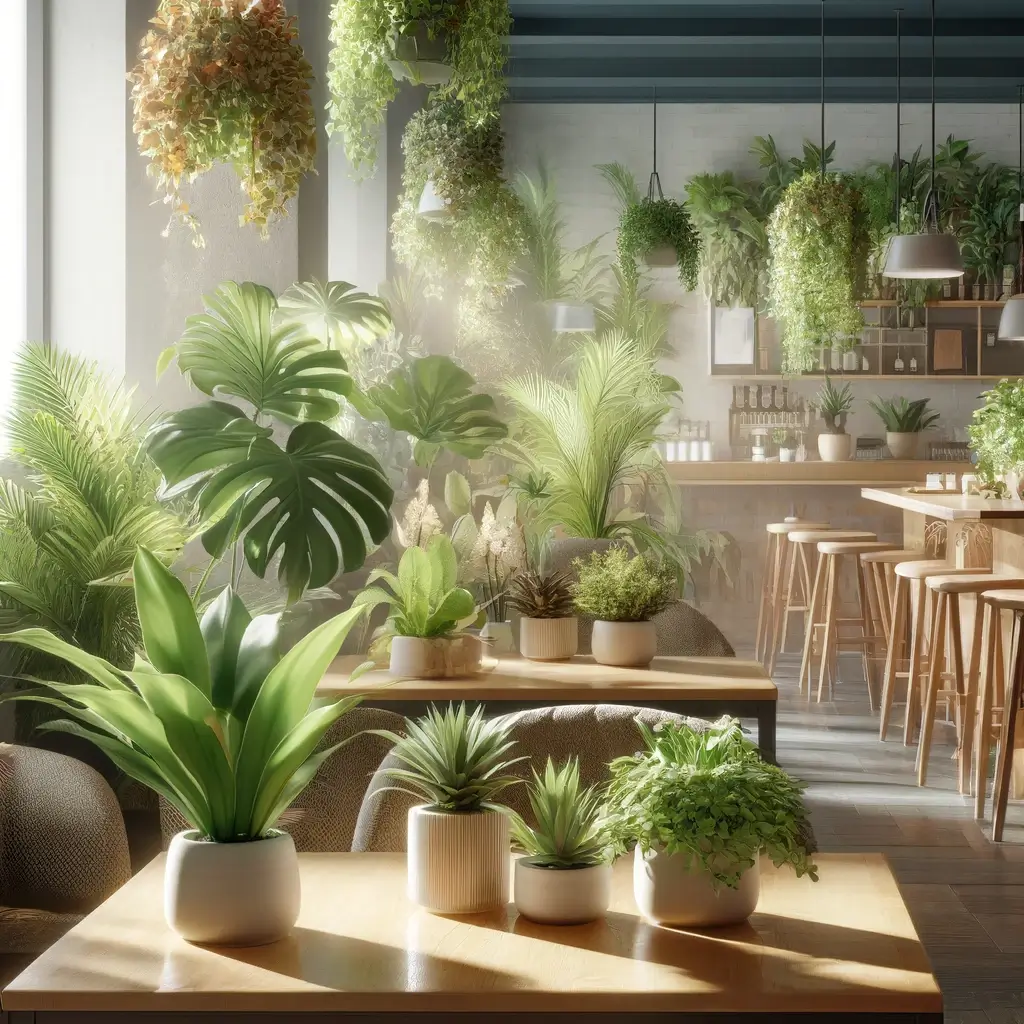 카페 내부에 잘 배치된 몬스테라와 아레카야자 같은 식물들.