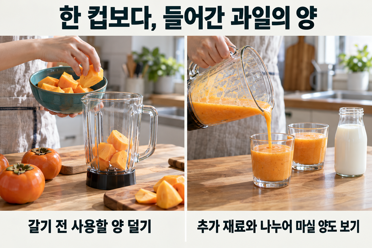 단감 조각을 먼저 덜어 믹서에 넣고 완성 음료를 작은 컵에 나누는 준비 과정을 보여 주는 실사 그림.