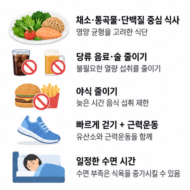 채소 단백질 통곡물 중심 식사, 당류음료와 술 줄이기, 간식 조절, 운동과 수면을 정리한 이미지
