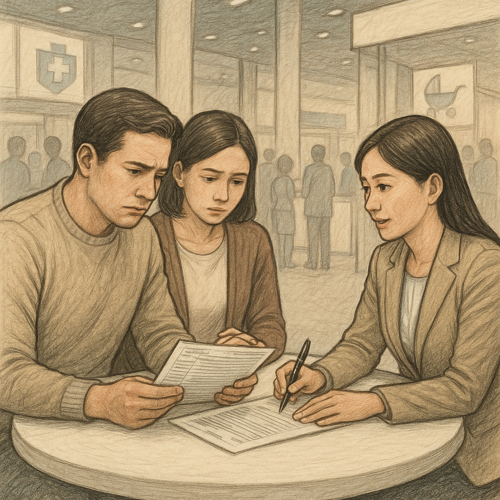 보험 박람회 현장에서 부부가 보험 설계사와 계약서를 꼼꼼히 검토하는 모습