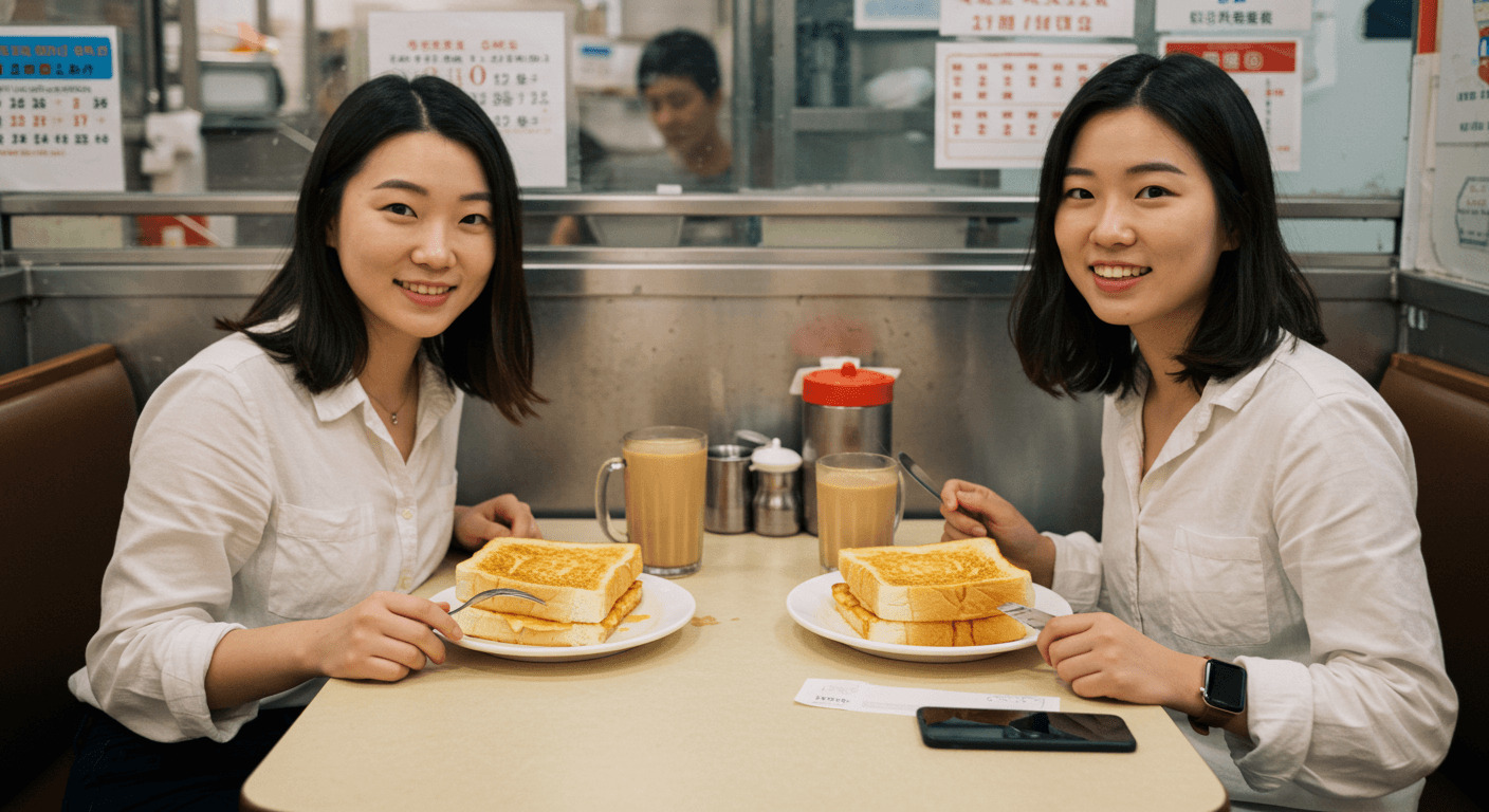 홍콩 식당에서 밀크티와 홍콩식 토스트를 먹는 사진