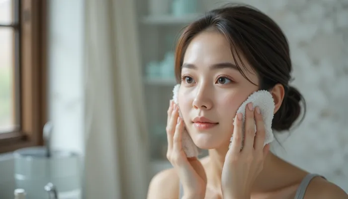 아침 세안 후 수건으로 얼굴을 닦는 중년 여성