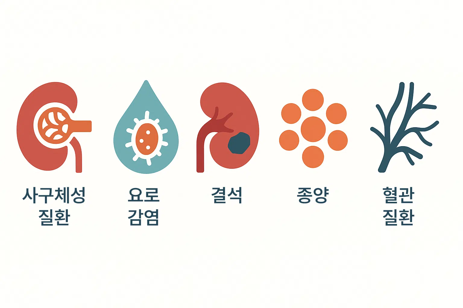 사구체성 질환, 요로 감염, 결석, 종양, 혈관 질환