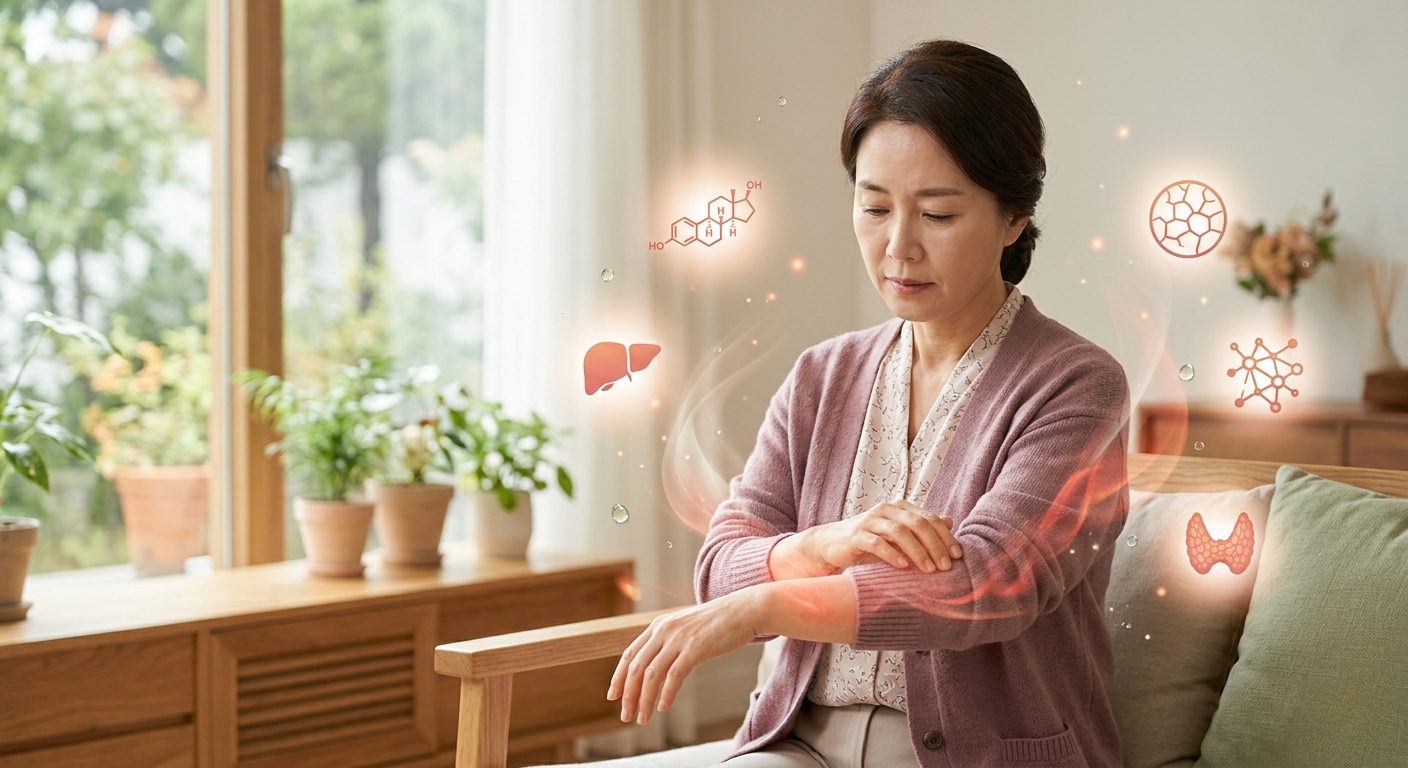 거실 소파에 앉아 가려운 팔을 문지르고 있는 50대 중년 여성이 고민에 빠진 표정을 짓고 있다. 인물 주변에는 갱년기 호르몬, 간, 갑상선 등 가려움증의 원인이 되는 신체 기관들이 그래픽 아이콘으로 떠다니며 피부 가려움의 다양한 원인을 암시하고 있다.