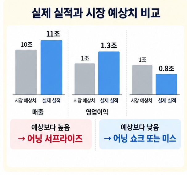 주식 컨센서스 상향과 하향이 기업 실적 기대 변화와 어떻게 연결되는지 설명한 이미지