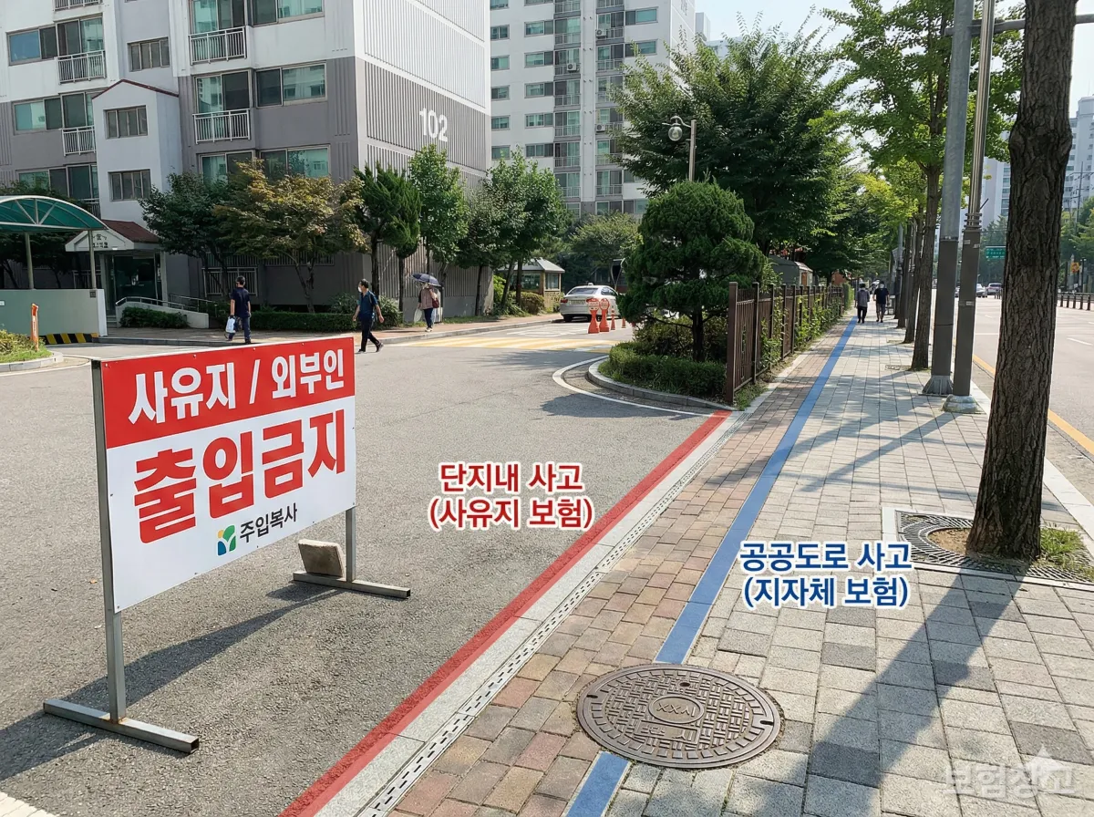 아파트 단지 사유지와 공공 도로의 경계를 보여주는 사진