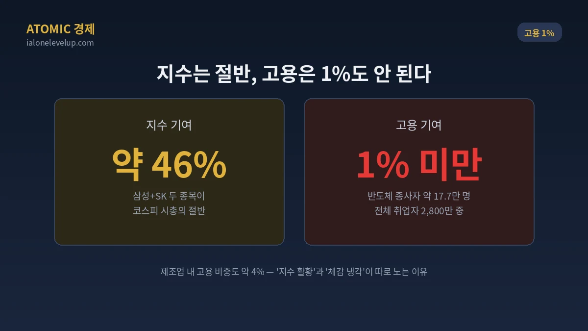 반도체 산업 종사자 약 17만명 전체 취업자 2800만명의 1퍼센트 미만 제조업 내 고용 비중 4퍼센트 지수와 고용 괴리