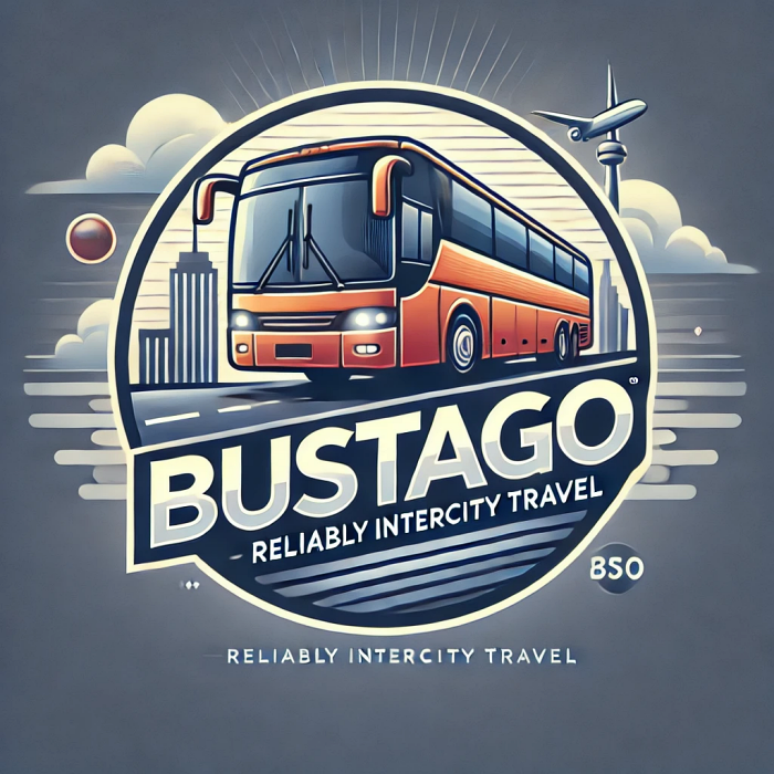 버스타고 로고가 그려진 버스를 중심으로 신뢰감 있는 시외버스 여행을 표현한 그래픽