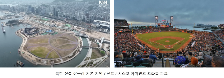 왼쪽 사진은 돔구장이 건설됐음 하는 북항 야구장 거론지이고 오른쪽은 미국의 샌프란시스코 자이언츠의 오라클 파크인데 거의 비슷한 환경을 가지고 있어서 북항에 돔 구장이 건설된다면 부산의 또 하나의 명물이 되겠죠!