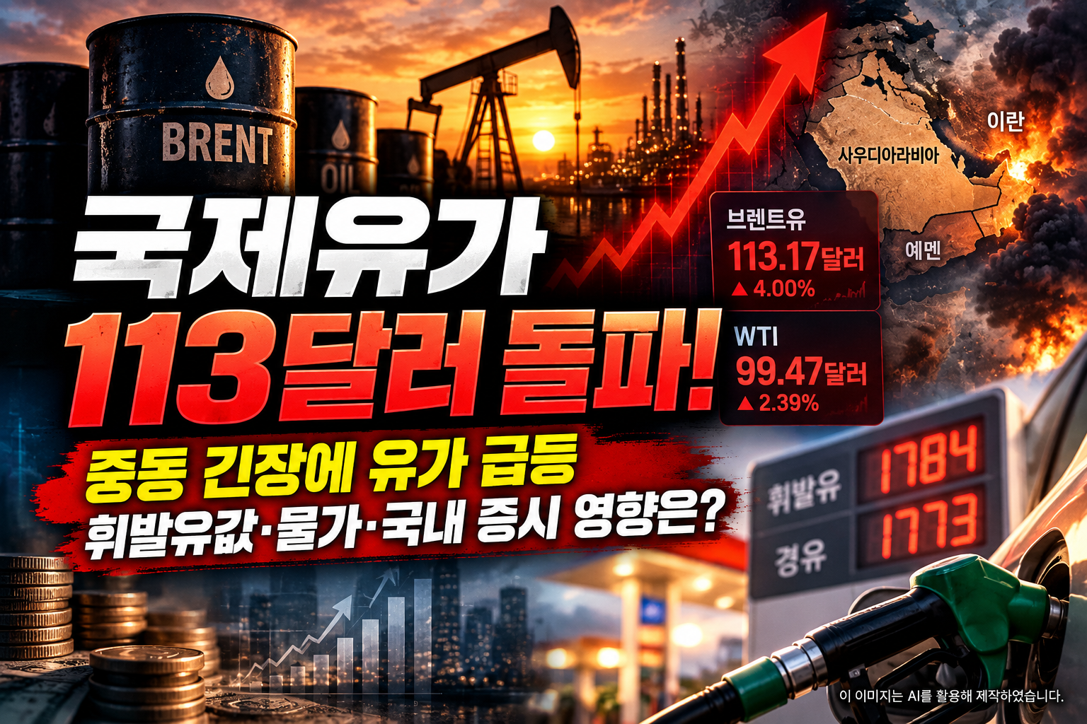 2026년 10월 국제유가 113달러 돌파, 중동 긴장에 따른 브렌트유·WTI 가격 급등과 국내 휘발유값, 물가 및 증시 영향을 나타낸 이미지