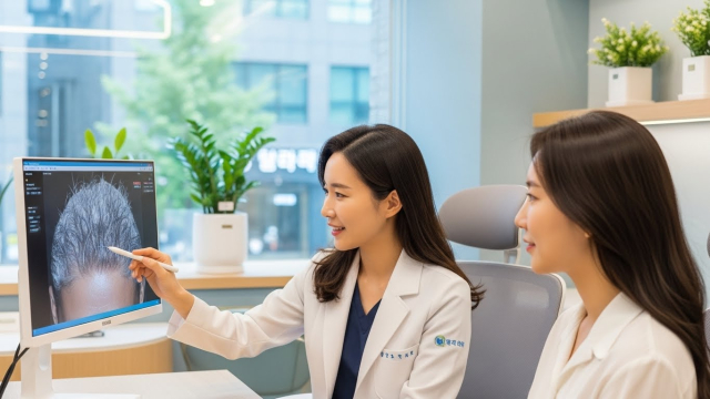 정밀 검사를 상담하는 피부과 의사와 여성 환자