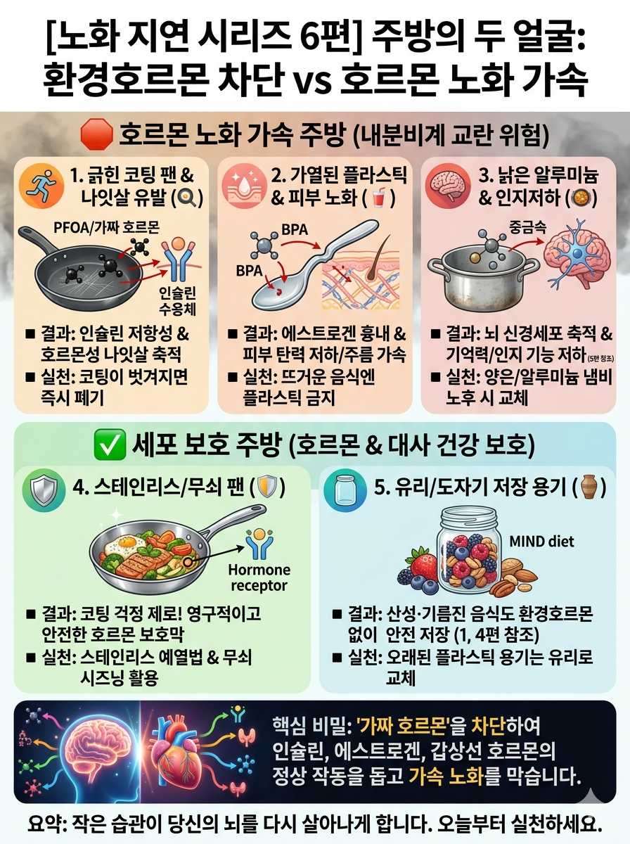 주방의 두 얼굴 환경호르몬 노화 가속 주방 도구들과 세포를 보호하는 주방도구 인포그래픽