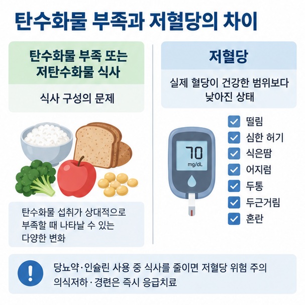 탄수화물 부족과 실제 저혈당의 차이를 혈당계와 떨림 허기 식은땀 아이콘으로 비교한 이미지
