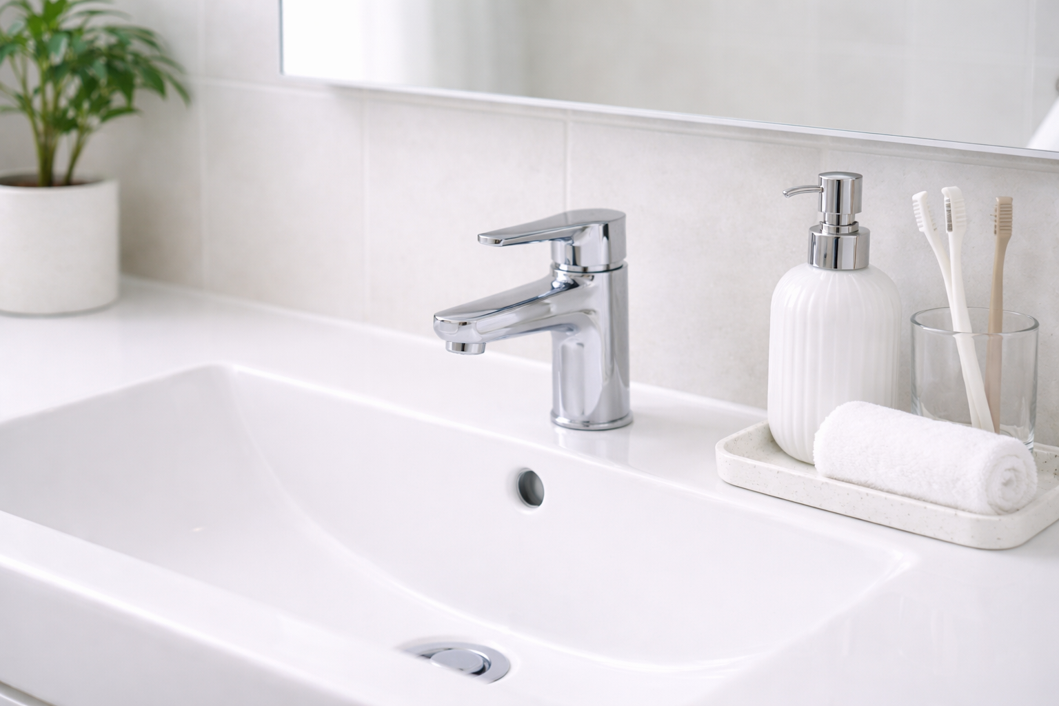 세면대 물때가 쉽게 생기는 이유와 관리 방법을 설명하는 깔끔한 세면대 이미지