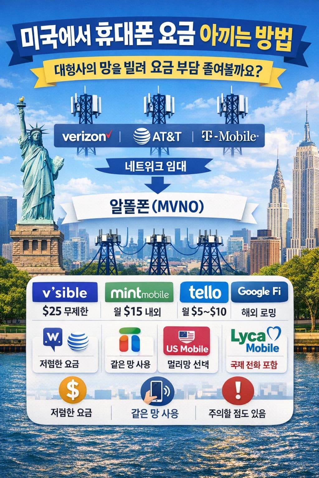 미국 알뜰폰 MVNO 구조와 통신사별 요금 비교 인포그래픽