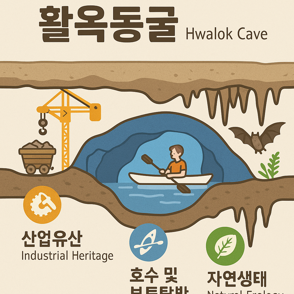 활옥동굴 단면도: 산업유산 요소, 자연생태 구역 분포 인포그래픽