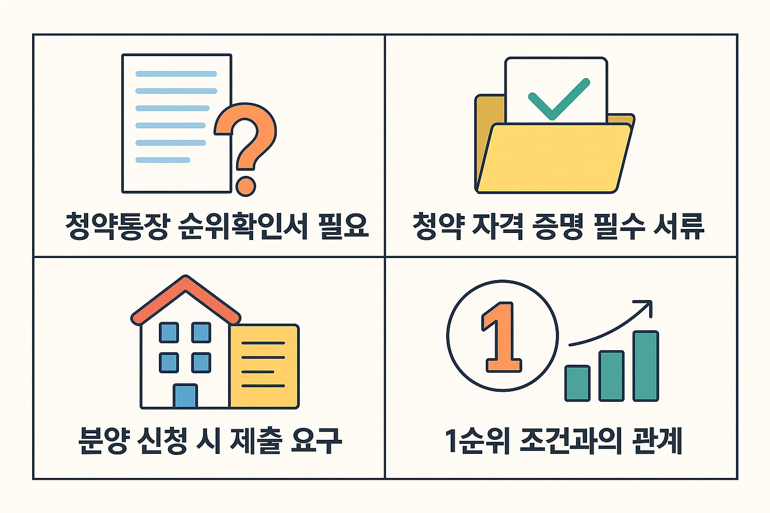 청약 자격 증명에 필요한 서류와 분양 신청 시 제출 요건, 1순위 조건과의 관계를 정리한 인포그래픽.
