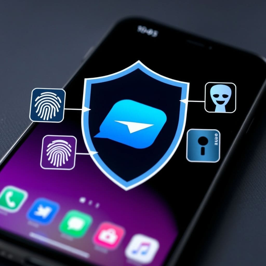 스마트폰 화면에 메신저 앱 아이콘이 보이고, 그 위에 지문 인식이나 얼굴 인식 아이콘이 겹쳐진 이미지를 그립니다. 앱 아이콘 주변에 보호막이나 방패 모양을 추가하여 보안 기능을 상징적으로 나타낼 수 있습니다.