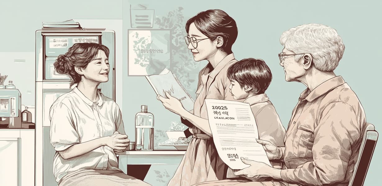 다양한 세대의 한국 가족이 복지 혜택(현금, 주거, 의료, 교육)을 받으며 따뜻한 분위기에서 함께 있는 모습