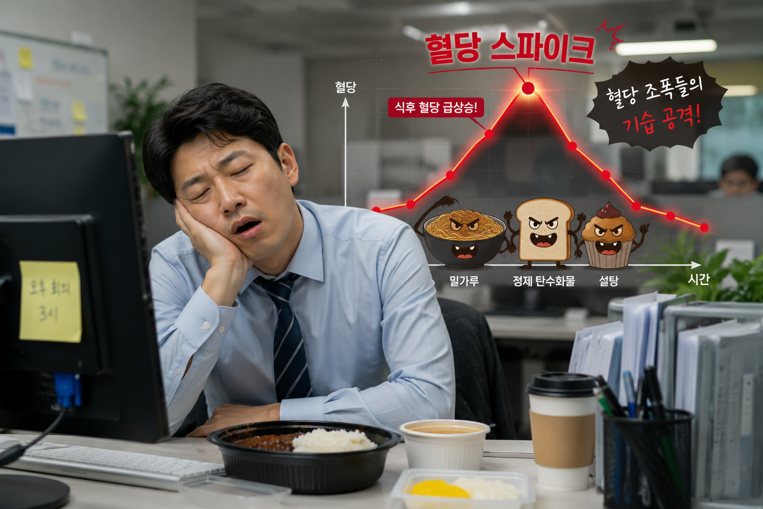점심 식사 후 혈당 스파이크로 졸음을 느끼는 직장인