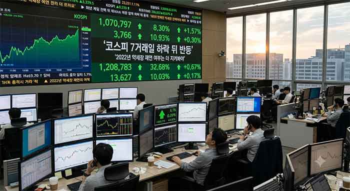 코스피 반등 전광판이 있는 증권사 트레이딩룸 실사 이미지.