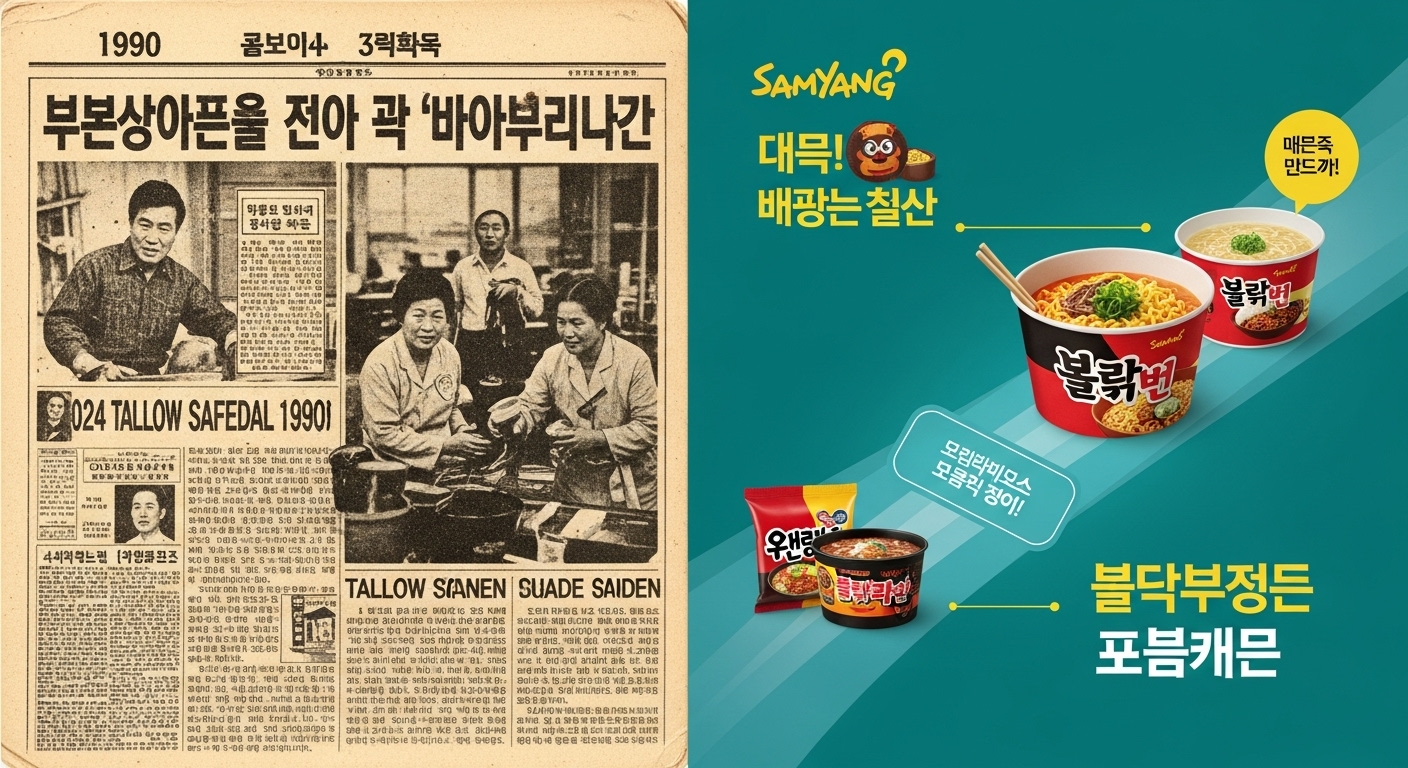 90년대 우지 파동을 암시하는 흑백 신문 스크랩과 삼양라면의 성공적인 역사를 보여주는 현대적인 연대기 그래픽이 나란히 배치된 이미지.