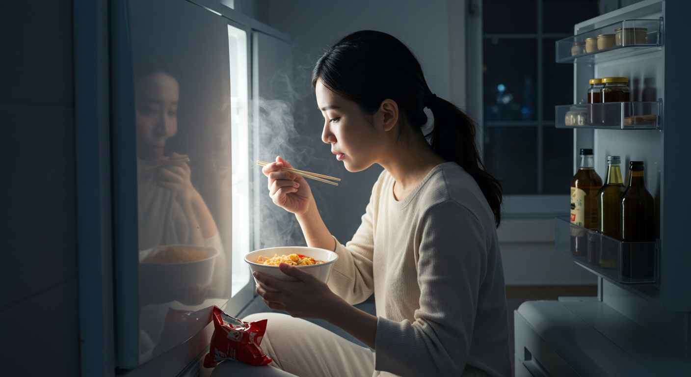냉장고 앞에서 라면을 끓이고 있는 여성 사진