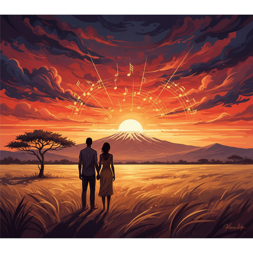 토토 아프리카 노래를 들으며 바라보는 아프리카 초원 위 노을 풍경. 멀리 킬리만자로 산이 보이고 코끼리 실루엣이 평화롭다