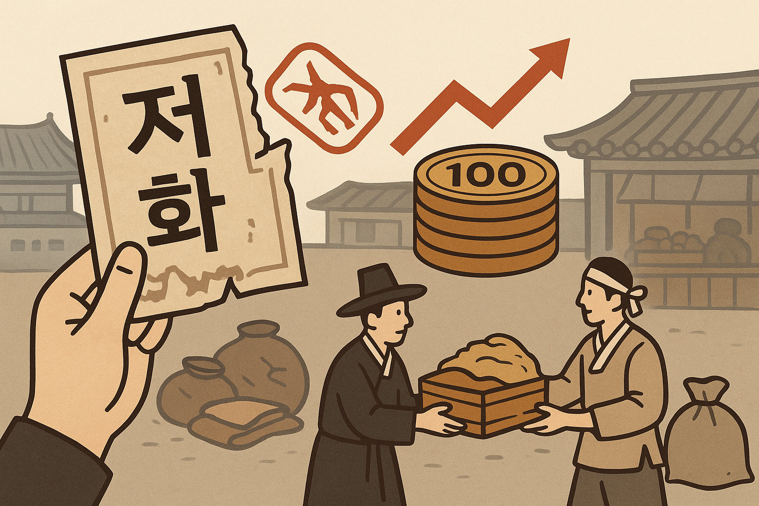 조선 초기 저화와 당백전 발행, 위조와 인플레이션으로 통화 신뢰가 붕괴되고 실물 화폐로 회귀하는 모습.